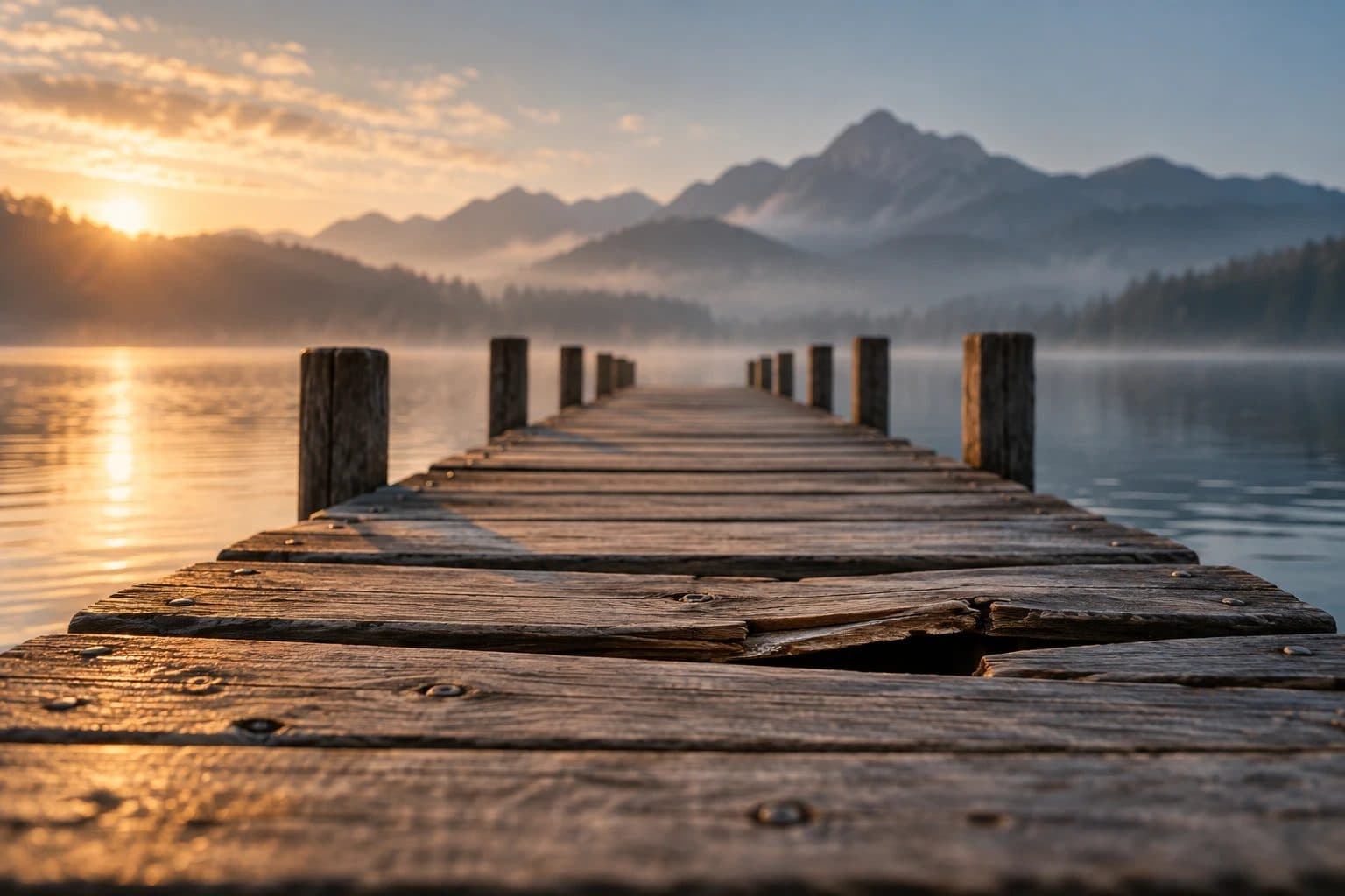 Ein alter, fester Holzsteg über einem ruhigen See, dessen Planken an einer Stelle nachgeben. Sinnbild für ein tragendes Fundament, das langsam nicht mehr hält.