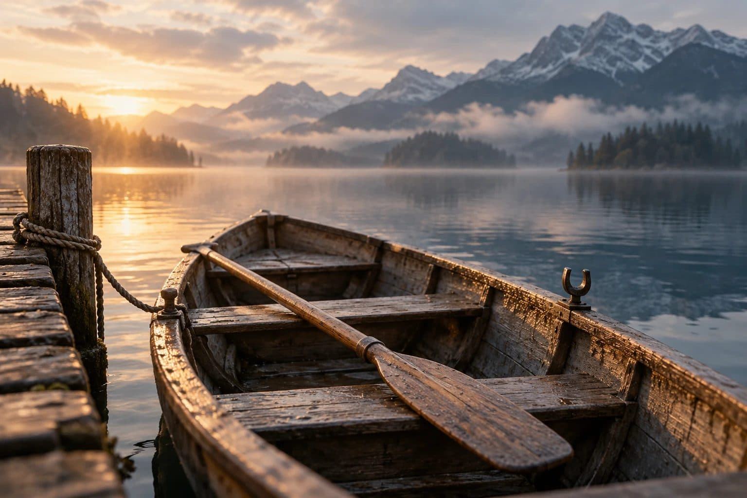 Ein hölzernes Ruderboot am Steg, nur ein Ruder liegt bereit, das zweite fehlt. Sinnbild für den Antrieb, der da ist, aber nicht ausreicht, um allein loszurudern.