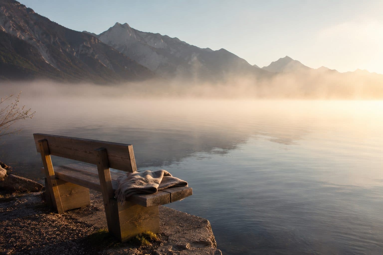 Ein einzelnes Boot am nebligen Steg eines stillen Bergsees im Morgengrauen — Symbol für leise Vorzeichen.