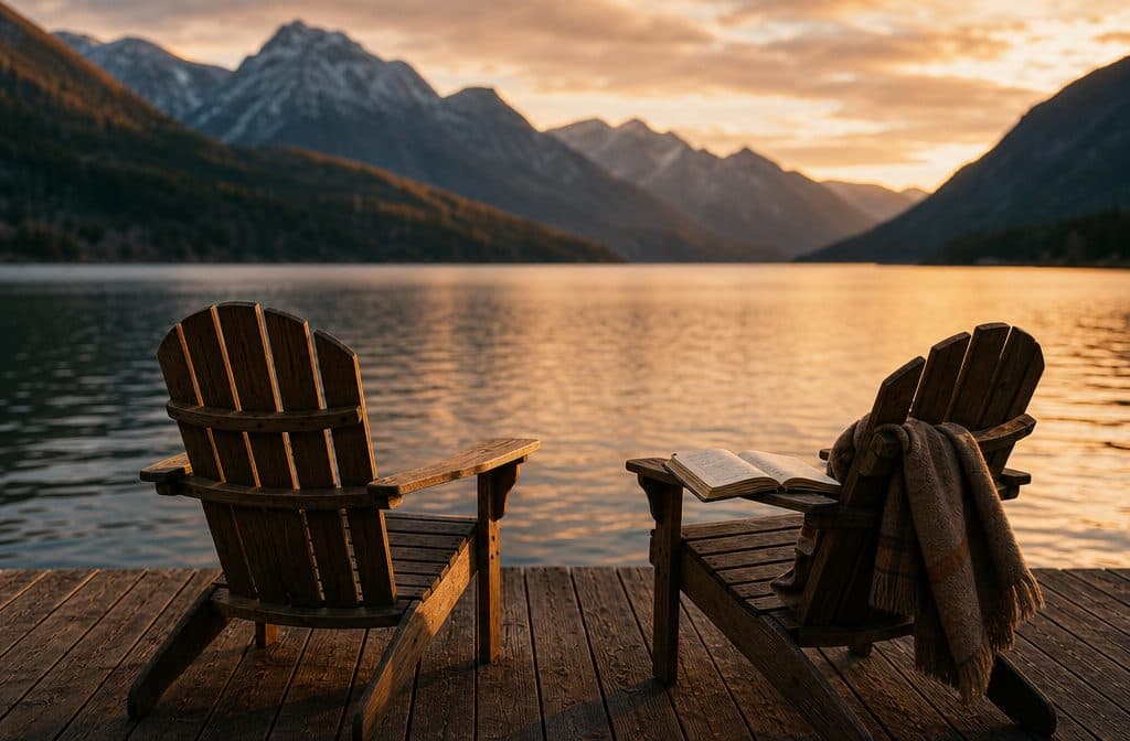 Zwei alte Holzstühle am See, einander zugewandt — Symbol für die Übergabe zwischen zwei Generationen.