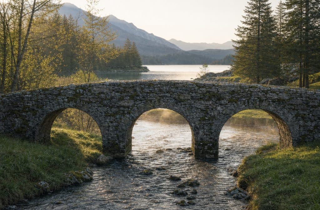 Eine alte Holzbrücke spiegelt sich im stillen See — Symbol für Verbindung trotz Trennung.