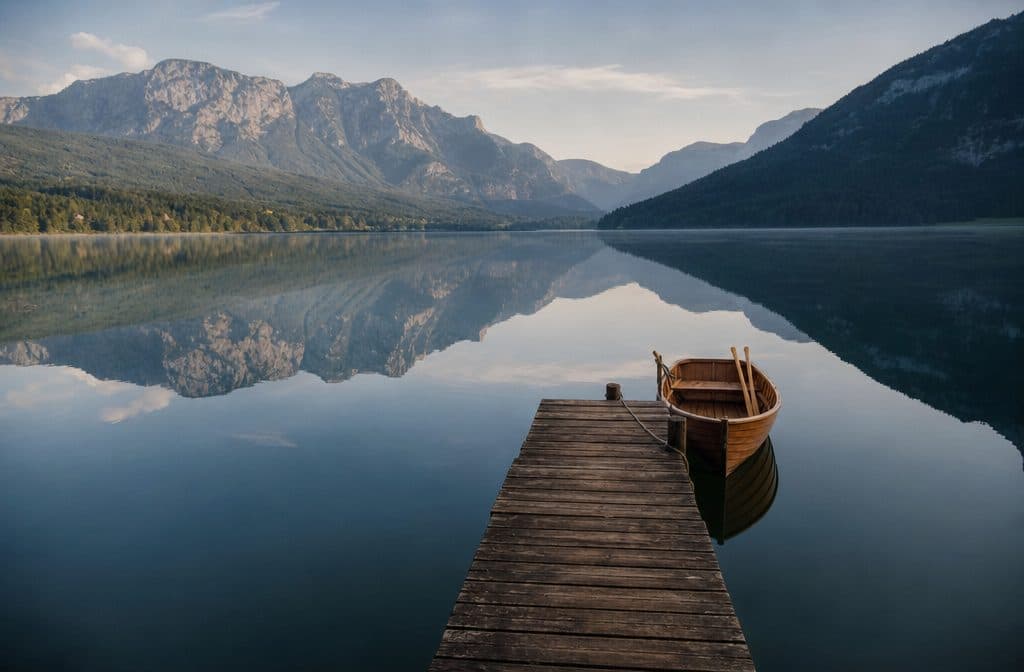 Zwei dampfende Teetassen auf einer Holzbank mit Seeblick — Symbol für ein Gespräch auf Augenhöhe.