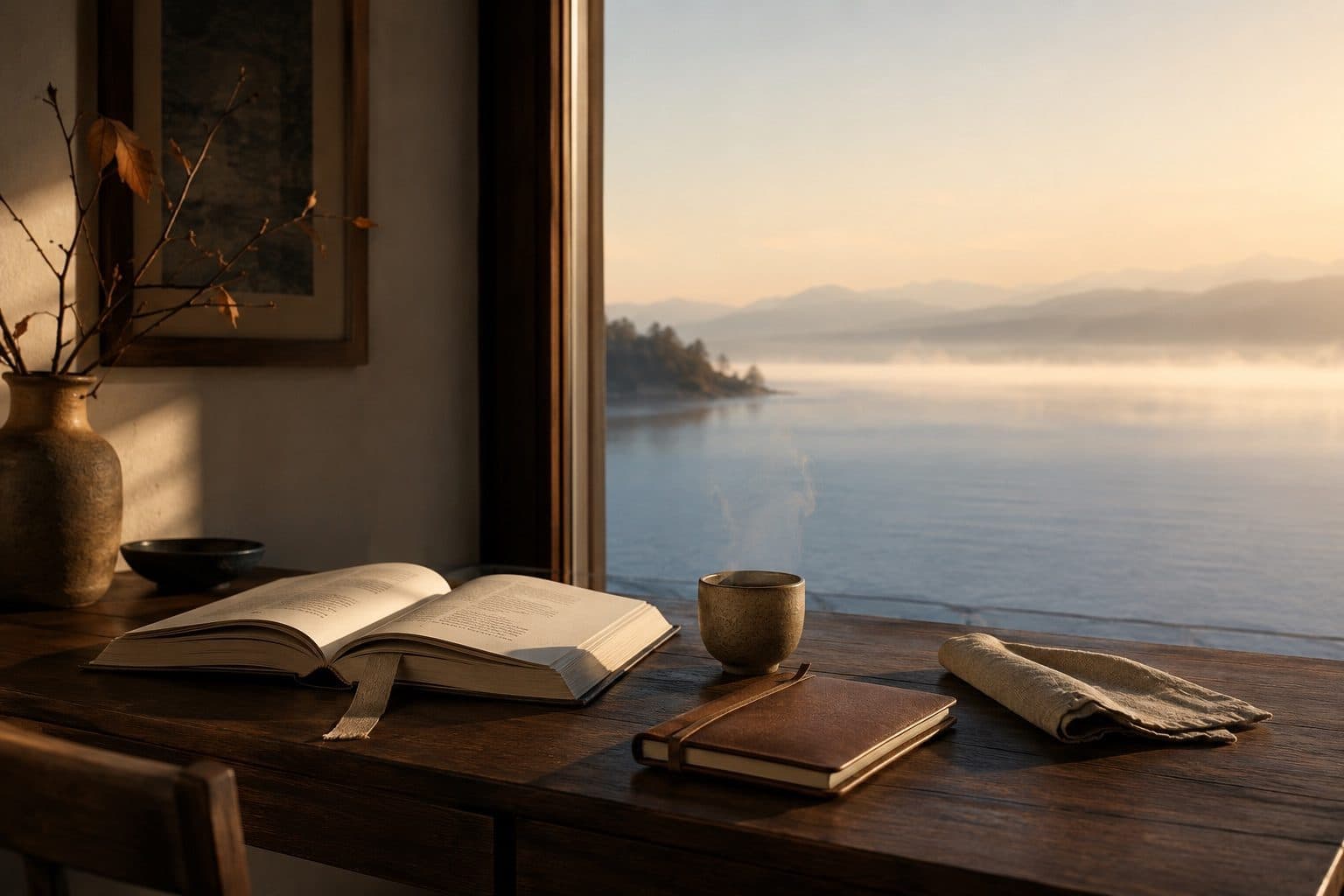 Schreibtisch mit Buch und Blick auf den Starnberger See im Morgenlicht