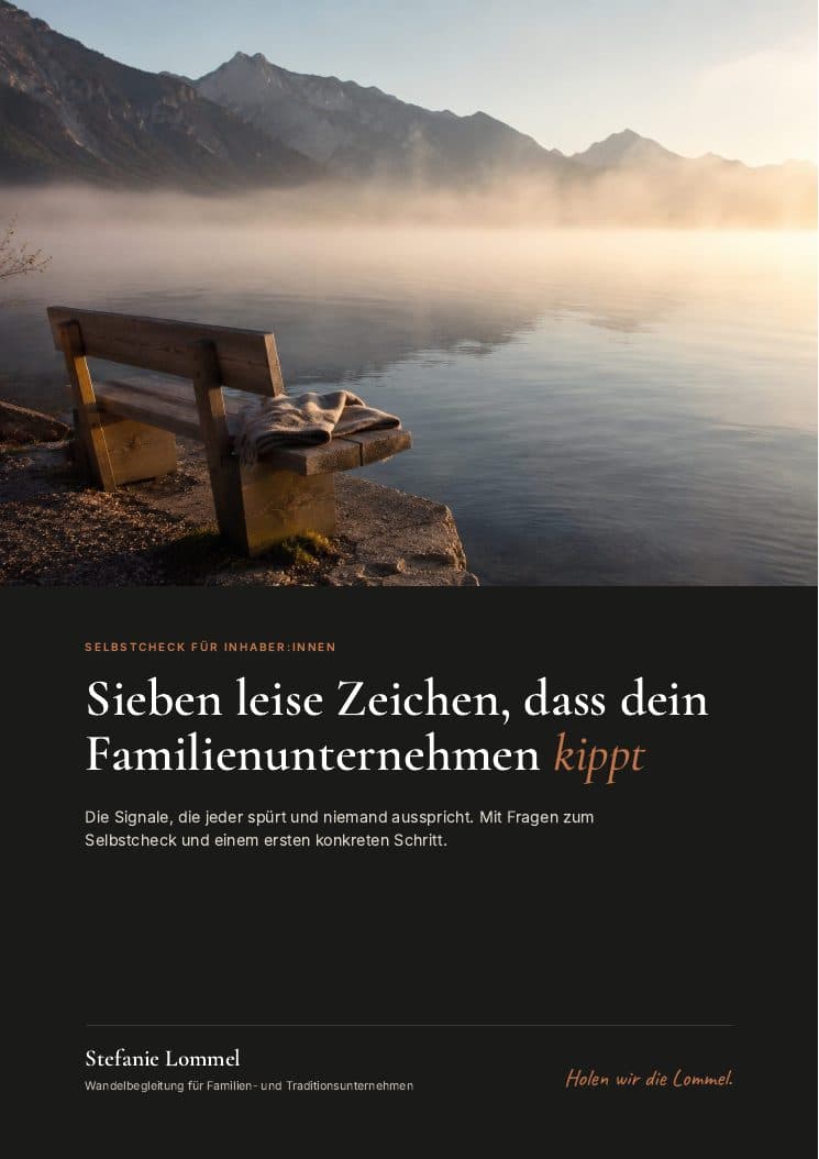 Titelseite des Selbstchecks „Sieben leise Zeichen, dass dein Familienunternehmen kippt“